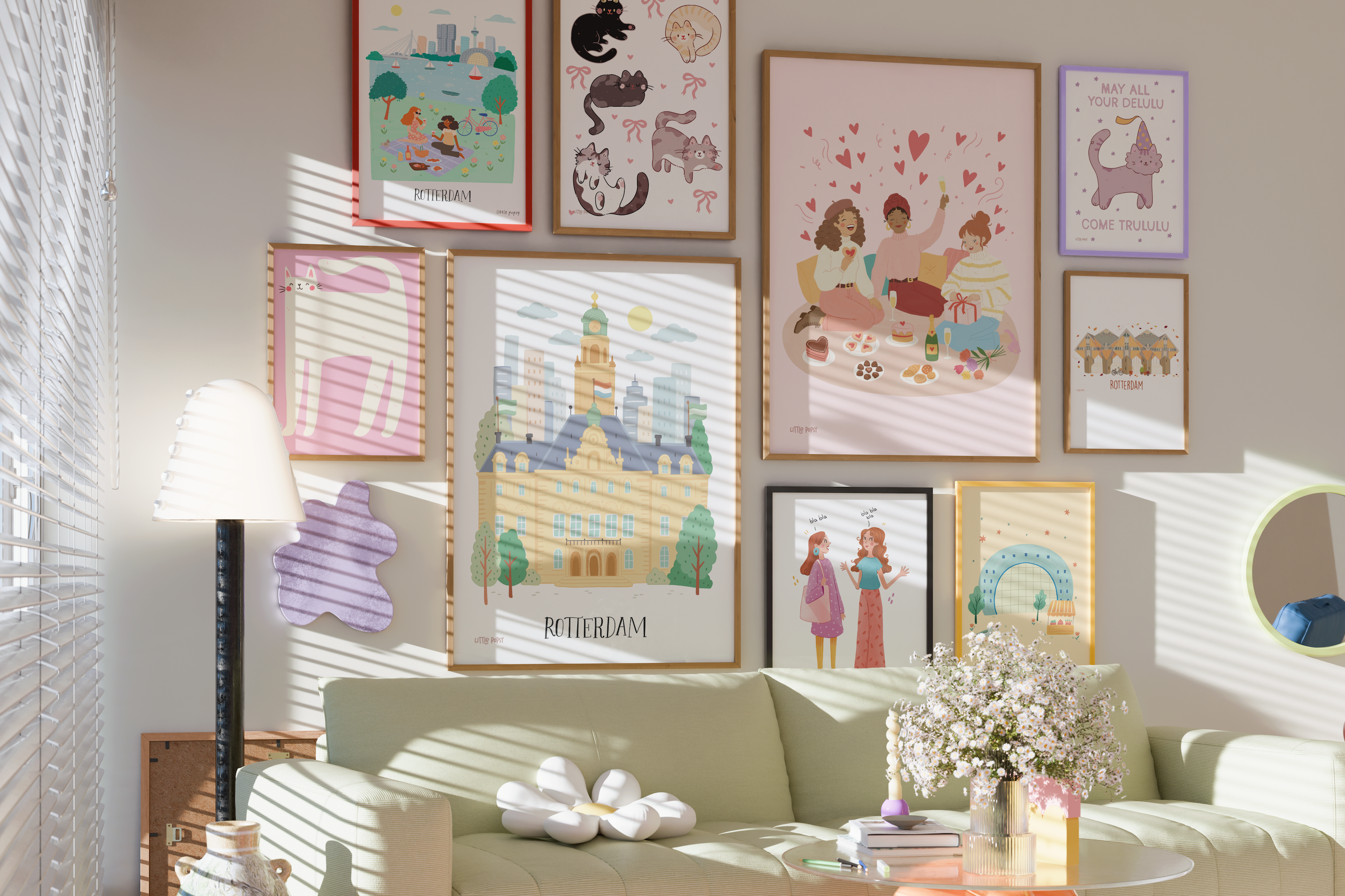 Little Popsy illustrated art prints displayed in a living room