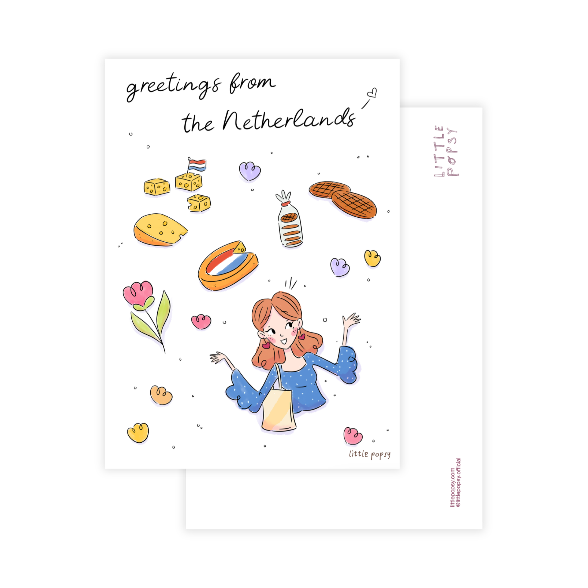 Little Popsy illustrated postcard "Greetings from the Netherlands" featuring Dutch icons