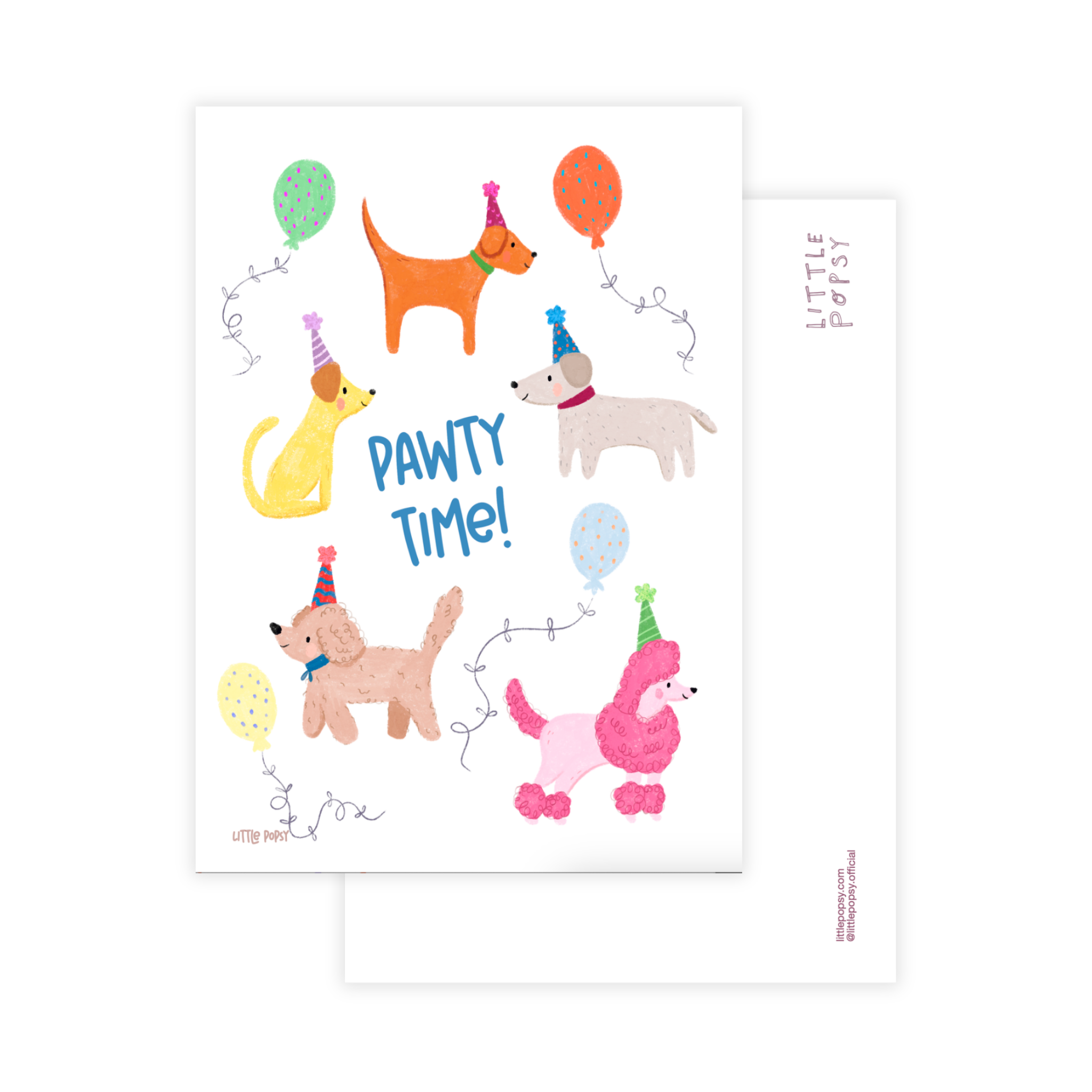 Illustrated birthday postcard with dogs "pawty time!"