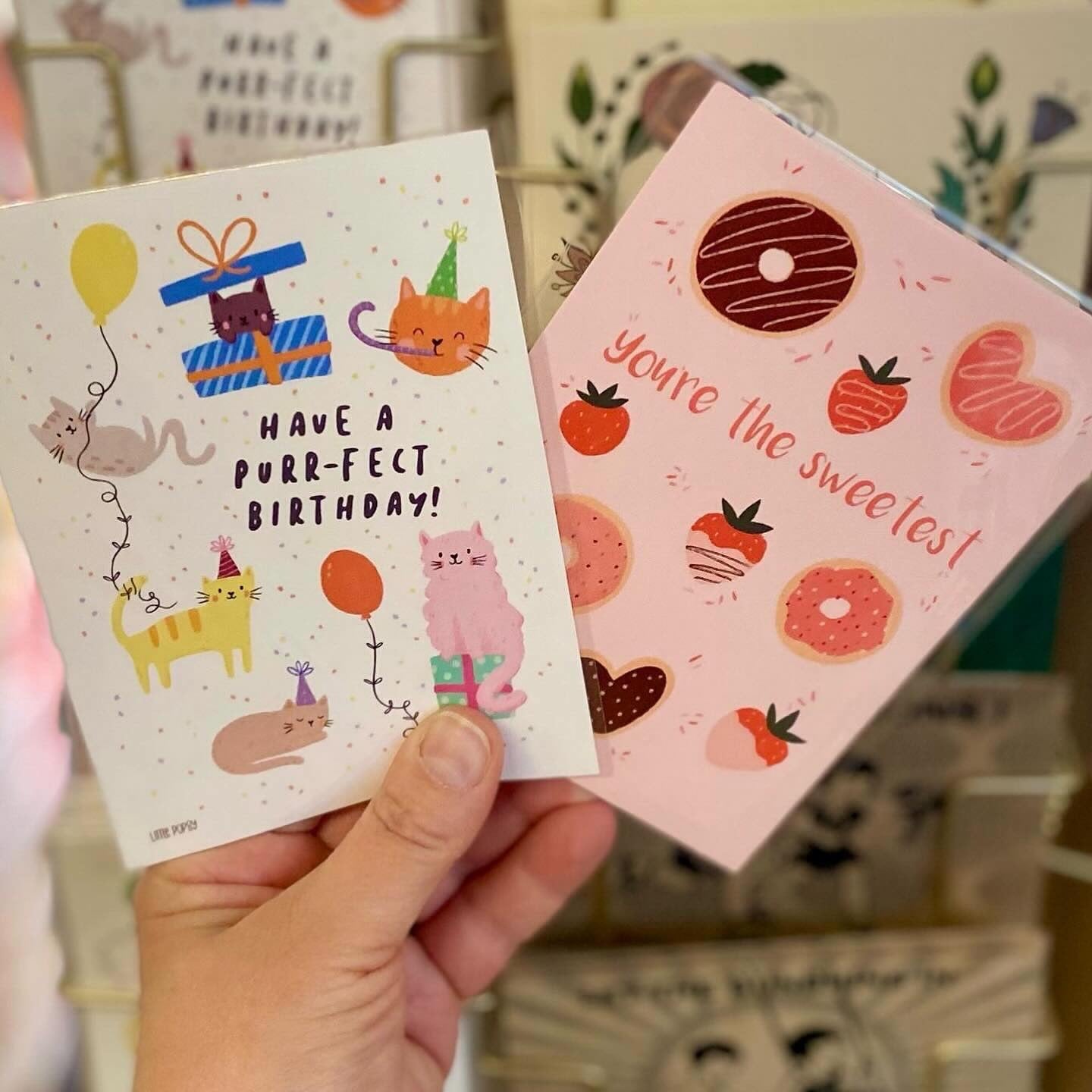 Little Popsy illustrated postcards "purr-fect birthday" and "you're the sweetest"