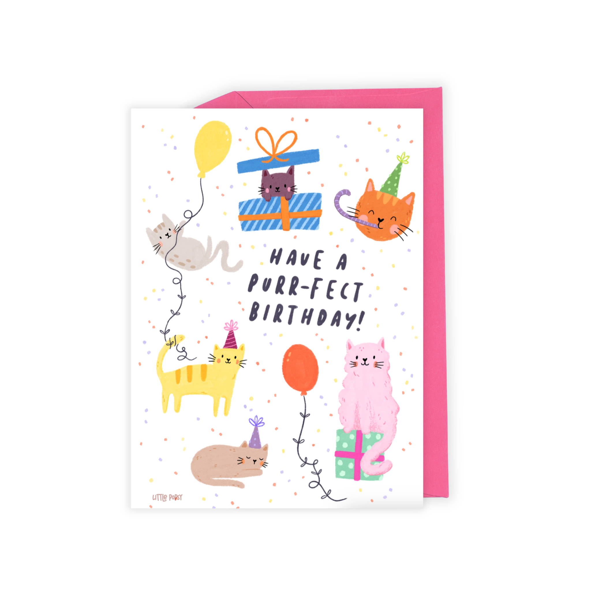 Illustrated birthday card with colorful cat illustrations 'Have a purr-fect birthday!' by Little Popsy