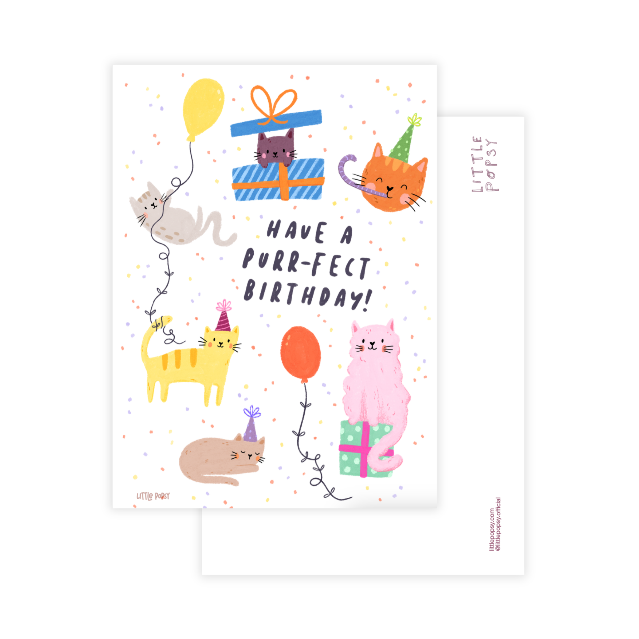 Illustrated birthday postcard with cats, balloons and gift saying "Have a purr-fect birthday"