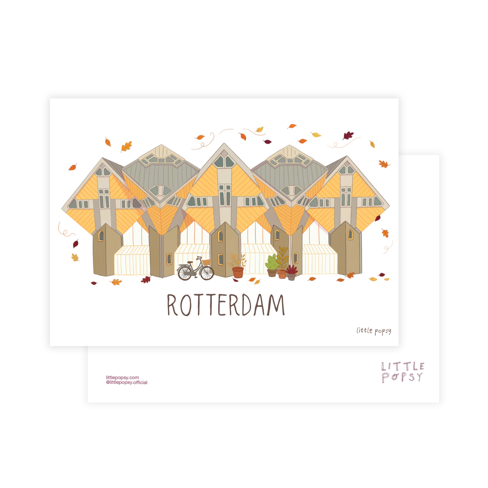 Hand-drawn illustrated postcard of the Rotterdam Cube Houses by Little Popsy