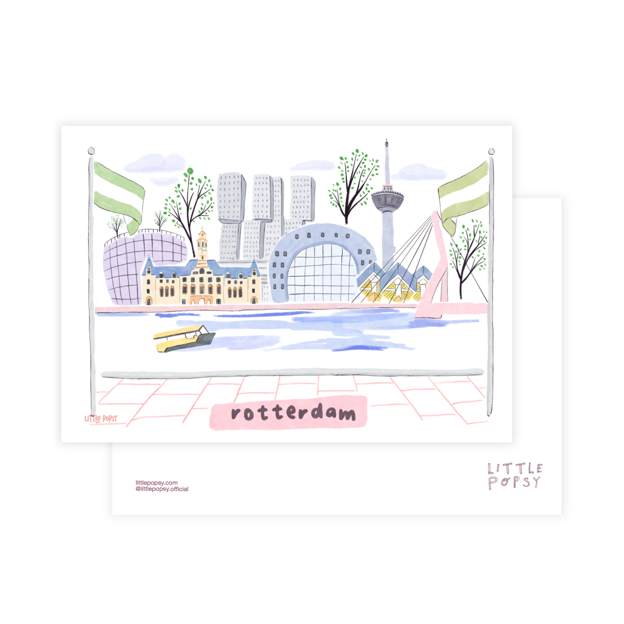 Illustrated Rotterdam postcard showing skyline and iconic landmarks