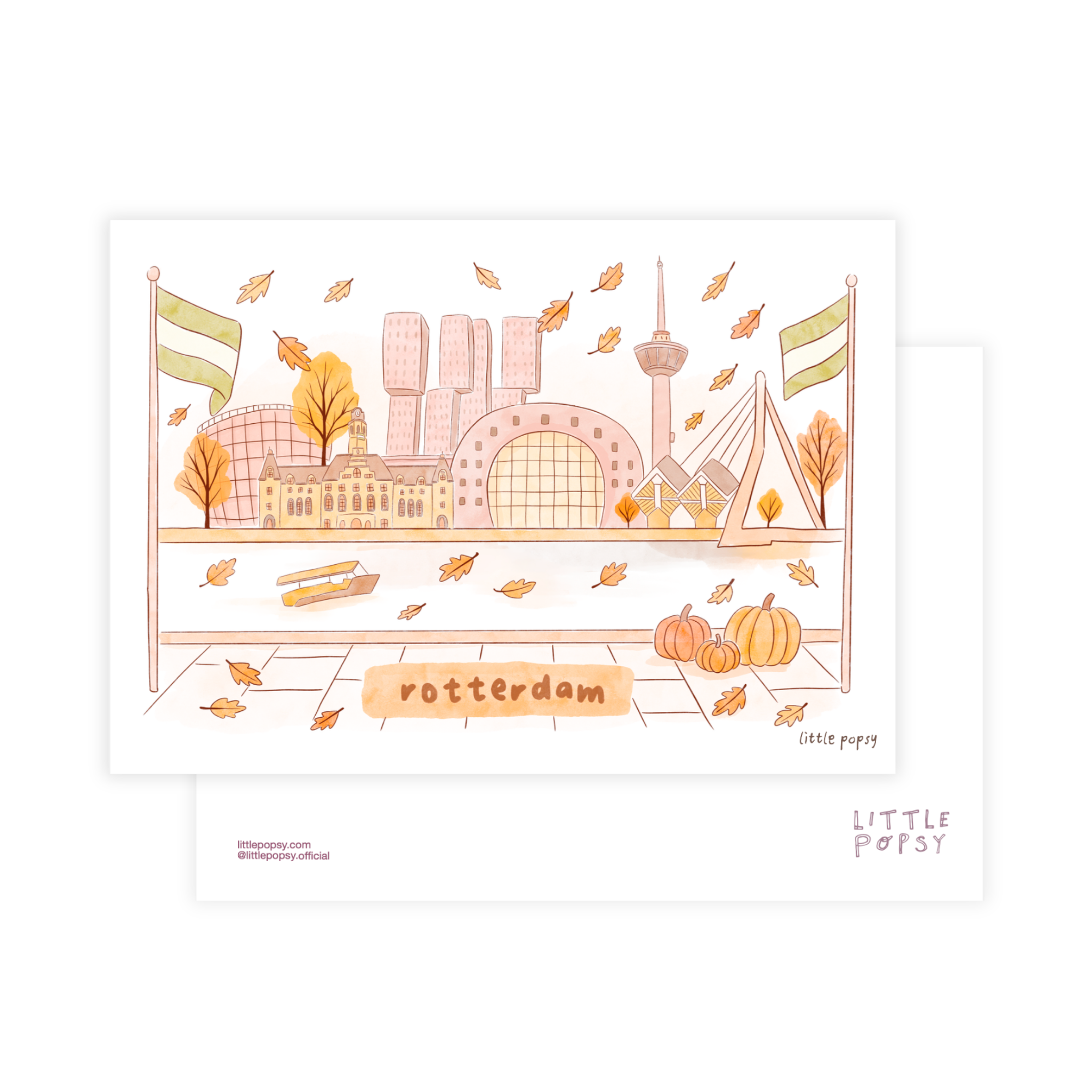 Illustrated autumn Rotterdam postcard showing skyline and iconic landmarks