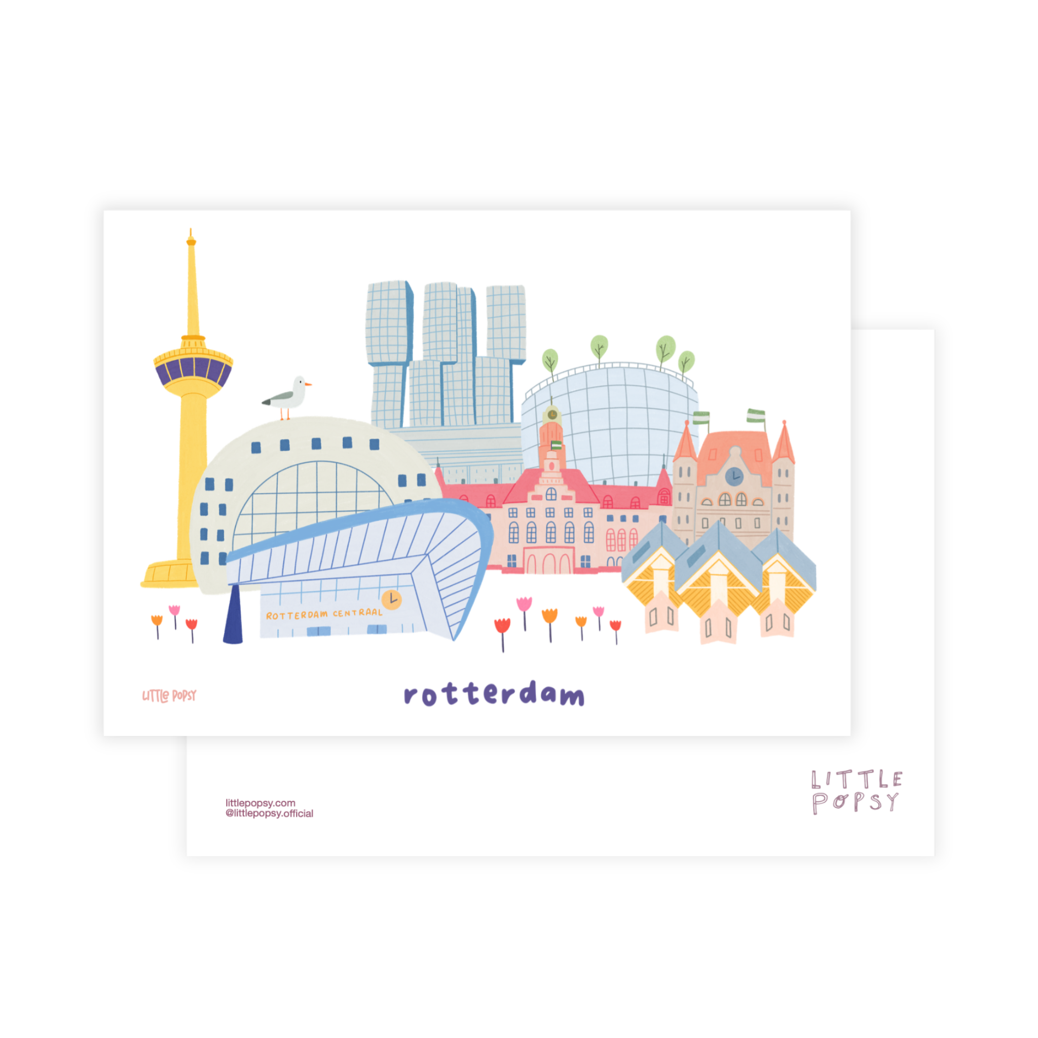 Illustrated Rotterdam postcard with iconic landmarks including Rotterdam Centraal, Euromast and Cube Houses